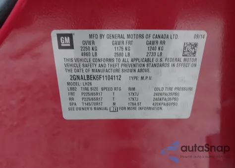 2015 Chevrolet Equinox 1Lt z USA, uszkodzony, nr VIN 2GNALBEK6F1104112